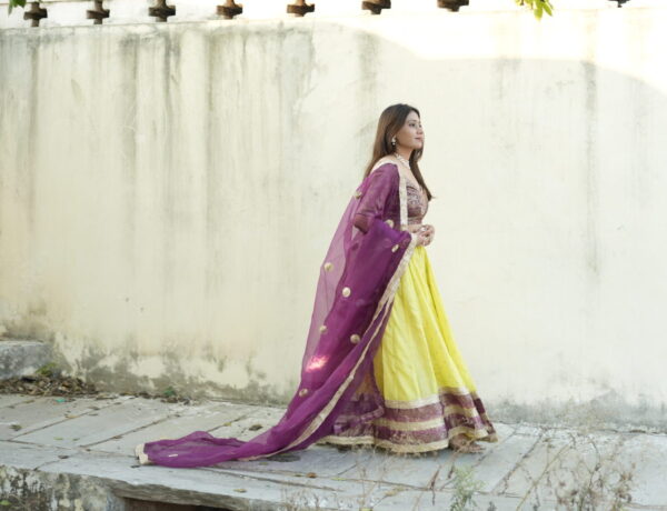 Neon Silk lahenga with purple choli and Blouse - Image 3